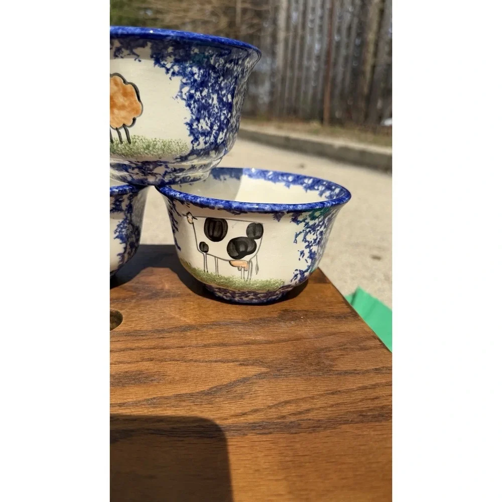 Set of 4 Blue Spongeware Farm Animal Bowls Rustic Pottery Cups‎